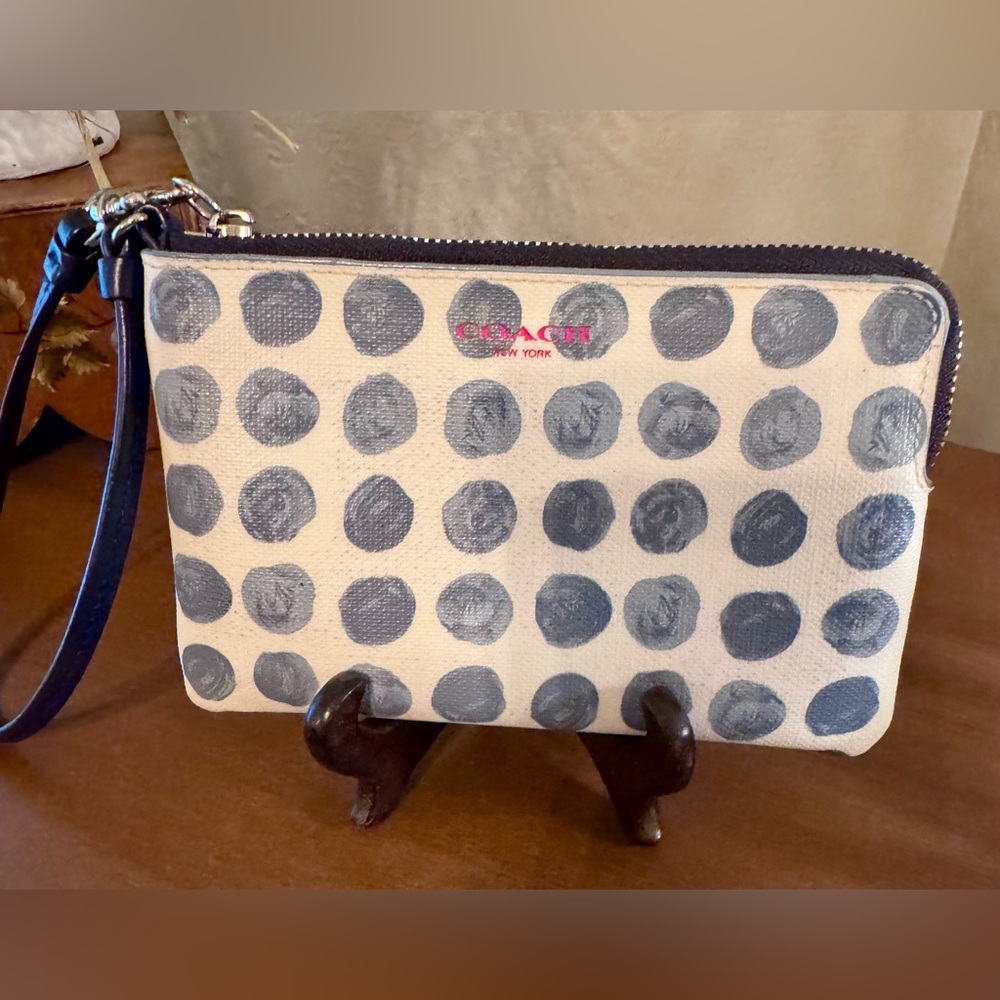 Coach Polka Dot Wristlet in Blue and Cream